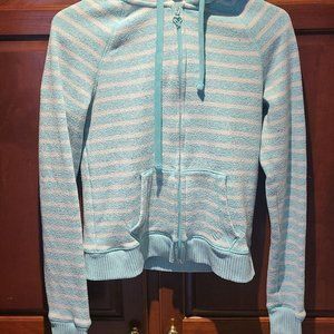 Blue and white stripe zip up hoodie, size M